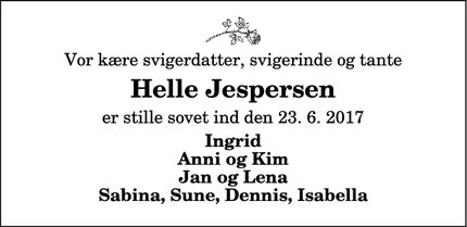 Dødsannoncen for Helle Jespersen - Bejstrup