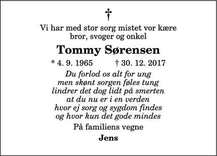 Dødsannoncen for Tommy Sørensen - Brovst