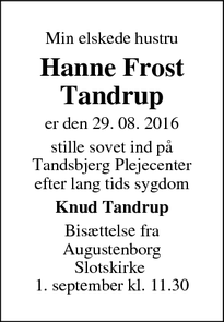 Dødsannoncen for  Hanne Frost Tandrup - Sønderborg