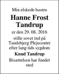 Dødsannoncen for  Hanne Frost Tandrup - Sønderborg