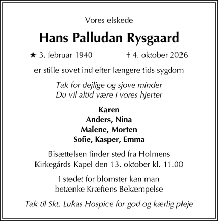 Dødsannoncen for  Hans Palludan Rysgaard - frb c