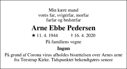 Dødsannoncen for Arne Ebbe Pedersen - Haslev