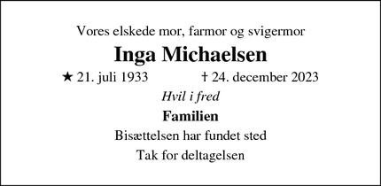 Dødsannoncen for Inga Michaelsen - Haslev