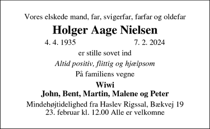 Dødsannoncen for Holger Aage Nielsen - Haslev