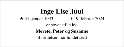 Dødsannoncen for Inge Lise Juul - Mern