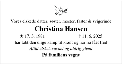 Dødsannoncen for Christina Hansen - Faxe