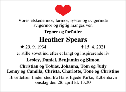 Dødsannoncen for Heather Spears - Frederiksberg