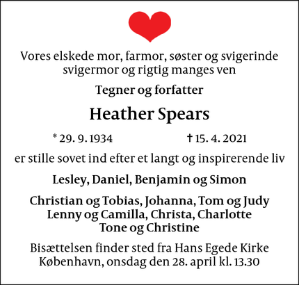 Dødsannoncen for Heather Spears - Frederiksberg