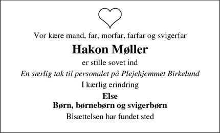 Dødsannoncen for Hakon Møller - Juelsminde