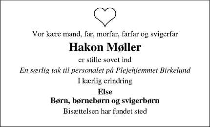Dødsannoncen for Hakon Møller - Juelsminde
