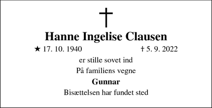 Dødsannoncen for Hanne Ingelise Clausen - Juelsminde