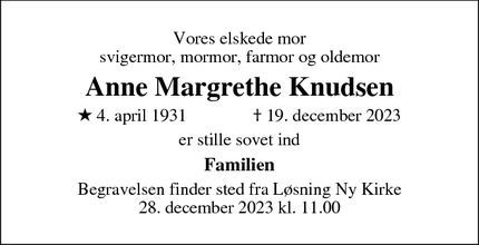 Dødsannoncen for Anne Margrethe Knudsen - Løsning