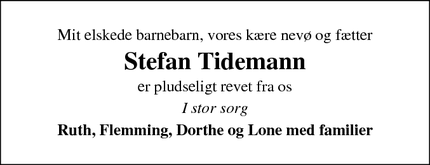 Dødsannoncen for Stefan Tidemann - Birkerød
