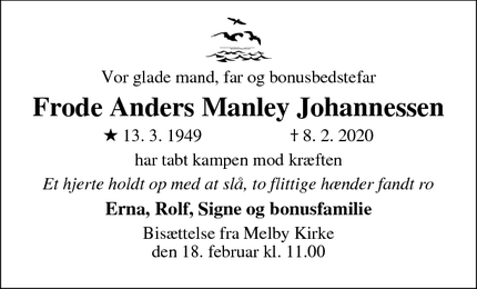 Dødsannoncen for Frode Anders Manley Johannessen - Melby