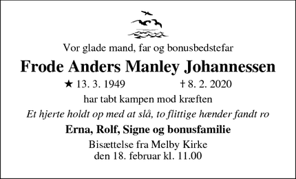 Dødsannoncen for Frode Anders Manley Johannessen - Melby