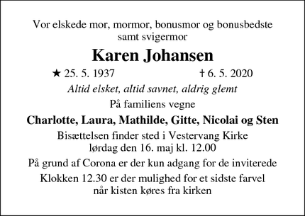 Dødsannoncen for Karen Johansen - Helsingør