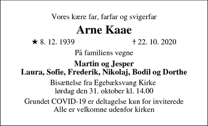 Dødsannoncen for Arne Kaae - Snekkersten