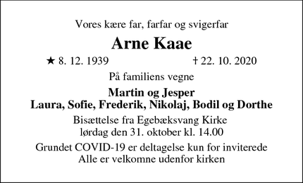 Dødsannoncen for Arne Kaae - Snekkersten