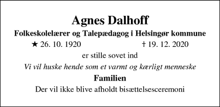 Dødsannoncen for Agnes Dalhoff - Helsingør
