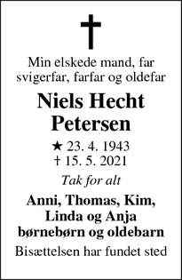 Dødsannoncen for Niels Hecht Petersen - Snekkersten