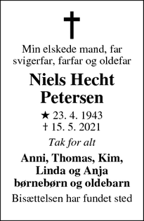 Dødsannoncen for Niels Hecht Petersen - Snekkersten