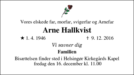 Dødsannoncen for Arne Hallkvist - Helsingør