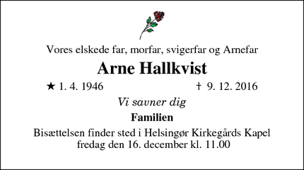 Dødsannoncen for Arne Hallkvist - Helsingør