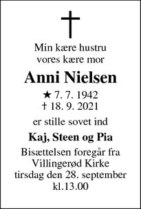 Dødsannoncen for Anni Nielsen - Helsingør