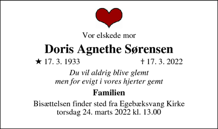 Dødsannoncen for Doris Agnethe Sørensen - Helsingør