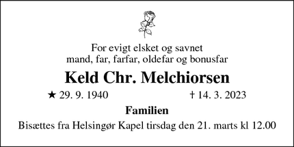 Dødsannoncen for Keld Chr. Melchiorsen - Helsingør