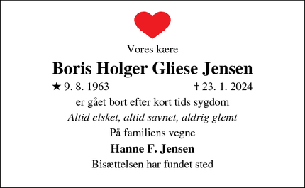 Dødsannoncen for Boris Holger Gliese Jensen - Tikøb