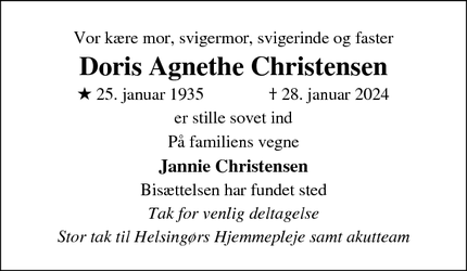 Dødsannoncen for Doris Agnethe Christensen - Helsingør