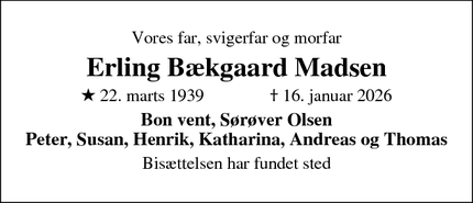 Dødsannoncen for Erling B&aelig;kgaard Madsen - Helsingør