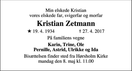 Dødsannoncen for Kristian Zetmann - Helsingør