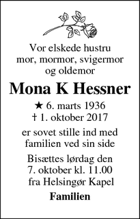 Dødsannoncen for Mona K Hessner - Helsingør