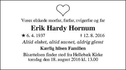 Dødsannoncen for Erik Hardy Hornum - Ålsgårde