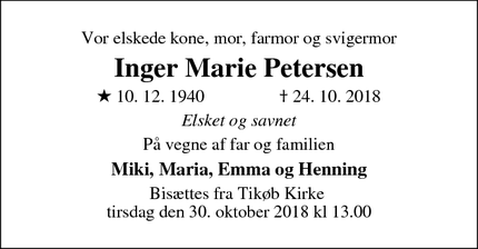 Dødsannoncen for Inger Marie Petersen - Tikøb