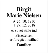 Dødsannoncen for Birgit
Marie Nielsen - hornbæk