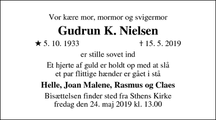 Dødsannoncen for Gudrun K. Nielsen - Helsingør