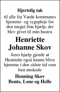 Taksigelsen for  Henriette Johanne Skov - Varde