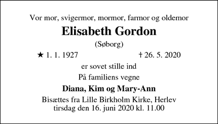 Dødsannoncen for Elisabeth Gordon - Herlev