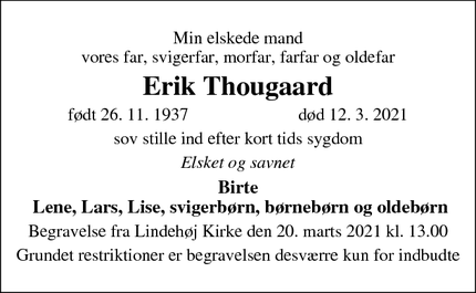 Dødsannoncen for Erik Thougaard - Herlev