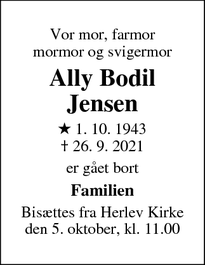 Dødsannoncen for Ally Bodil Jensen - Farum