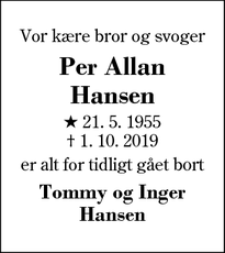 Dødsannoncen for Per Allan Hansen - Herning