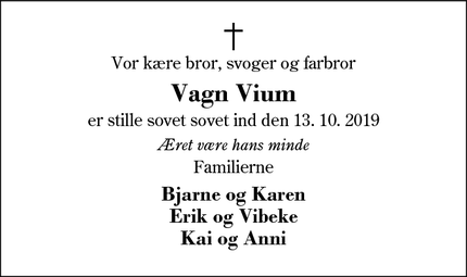 Dødsannoncen for Vagn Vium - Brande