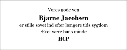 Dødsannoncen for Bjarne Jacobsen - Haderup