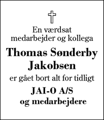 Dødsannoncen for Thomas Sønderby
Jakobsen - Kibæk