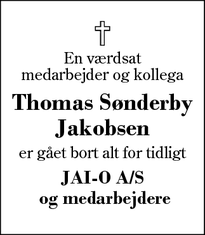 Dødsannoncen for Thomas Sønderby
Jakobsen - Kibæk