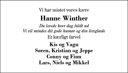 Dødsannoncen for Hanne Winther - Snejbjerg