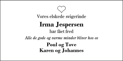 Dødsannoncen for Irma Jespersen - Herning